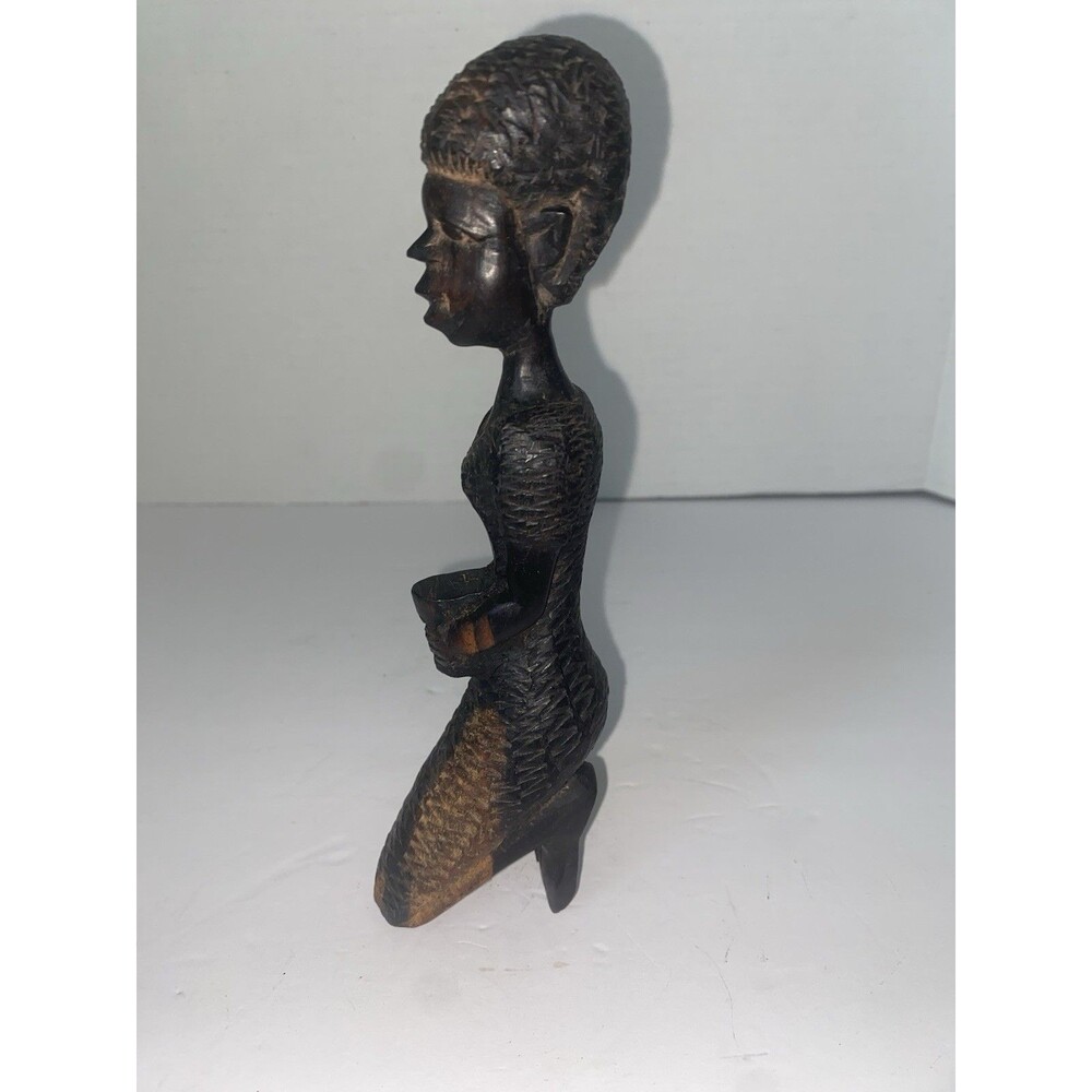 Vintage Hand Carved Wooden African Woman Holding A Bowl TRIBAL FIGURE 7.5”